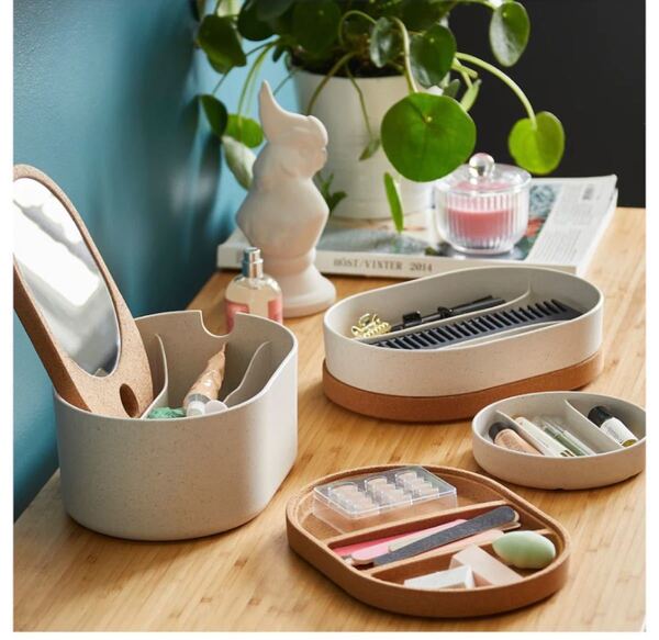 IKEA イケア サクスボルガ 収納ボックス ミラーのふた付き プラスチック コルク 24x17 cm