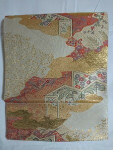 【袋帯】used 逸品 正絹 紹巴織 伝統工芸士 平田藤三郎 花屏風文 金糸 金彩 