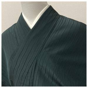 美品　小紋　単衣　深緑　身丈166　裄65.5　化繊　縦ライン　夏着物　ロングサイズ　
