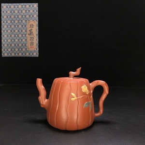 【聚寶齋*紫砂手工彫*瓜趣壺】茶壺 茶道具 中国古美術 極美品 時代物 容量：500cc