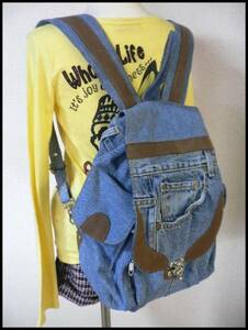  jeans remake Denim rucksack leather mix 1 point limitation / hand made bag ALL20%OFF