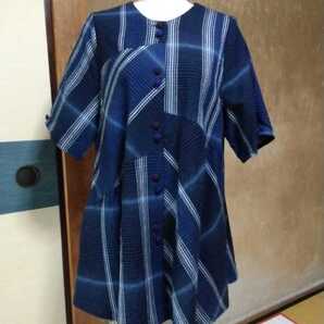 久留米絣地、織地チュニック!日本製。紺。