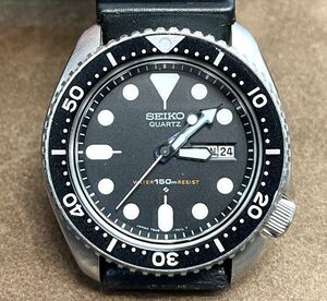 161000-53 1円~稼働品 SEIKOセイコー 7548-7000 ダイバー150m デイデイト ブラック文字盤 純正ラバーベルトメンズクォーツ腕時計 同梱不可
