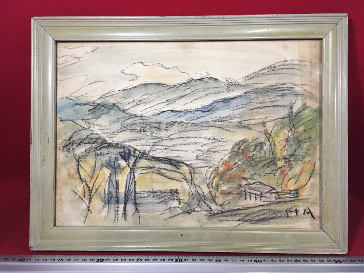 Masuji Ibuse, with endorsement sticker, Kofu Basin View, Kaname Onsen, Masuji Ibuse, old crayon drawing, painting, landscape painting, old painting, board painting, wooden frame, rare item, autographed, artwork, painting, pastel painting, crayon drawing