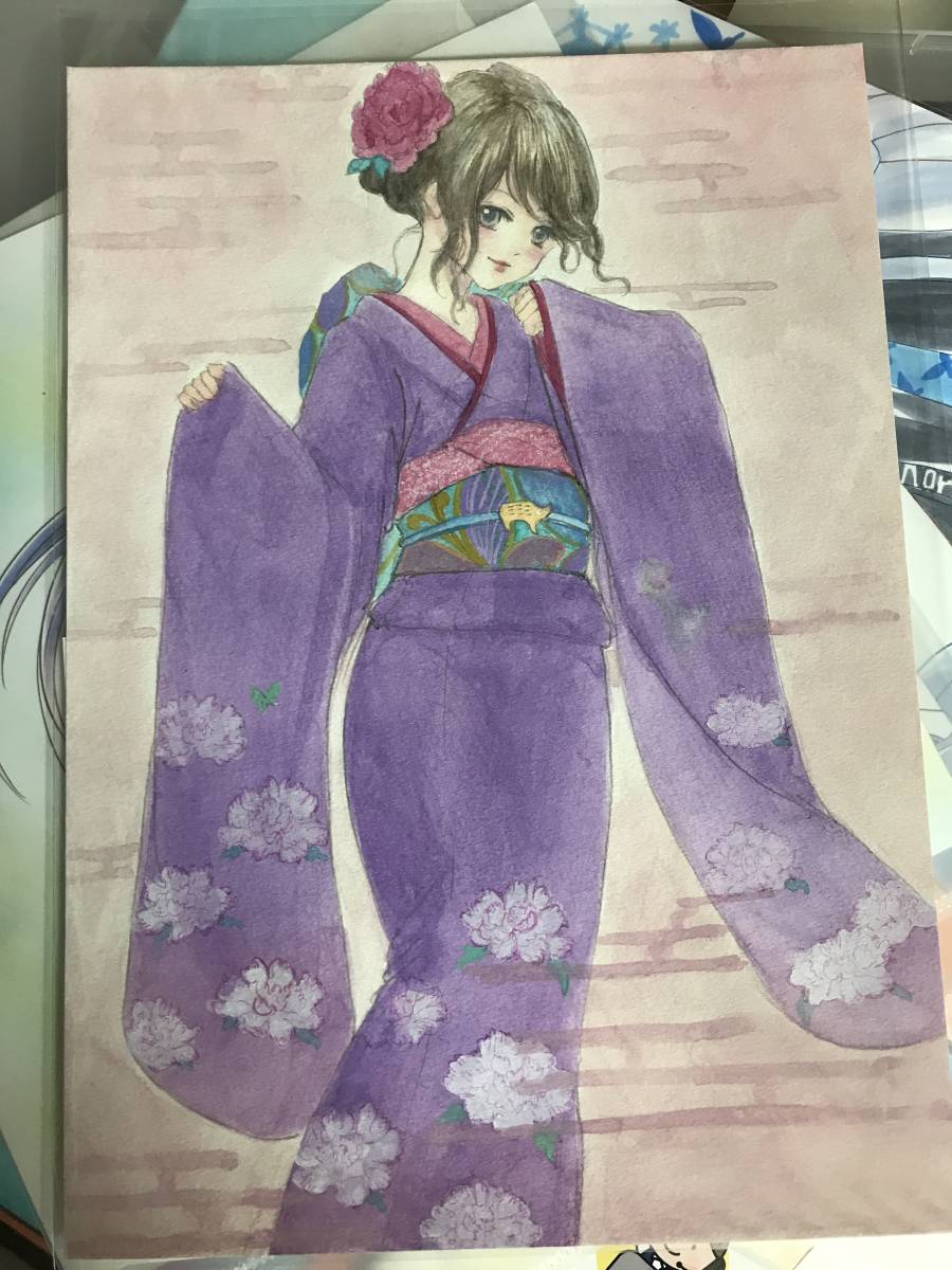 Beautiful girl in New Year's kimono/handwritten illustration, comics, anime goods, hand drawn illustration