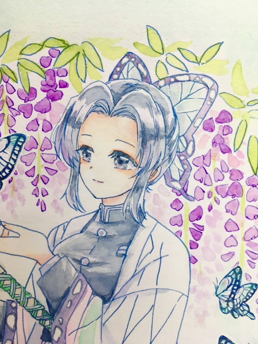 新品日本製 8/17☆手描きイラスト 同人 色紙 鬼滅 胡蝶しのぶ ファン