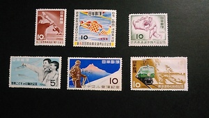 1955年/1956年発行記念切手　6種　国際商業会議所、卓球選手権、東海道電化　など　未使用　NH 