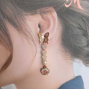 ハンドメイド イヤリング or ピアス 蝶々 変退色防止加工済 アレルギー対応 ピアスパーツ 316L サージカルステンレス 薔薇