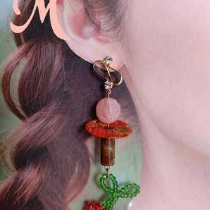 ハンドメイド イヤリング or ピアス カーブライン 変退色防止加工済み アレルギー対応 ピアスパーツ 316L ステンレス レトロ さくらんぼ