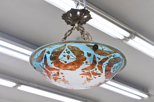 KS04 アンティークショップで35万円で購入 ガレ風 作者有 真鍮製 天井照明 シャンデリア 天吊りランプ ヨーロピアン