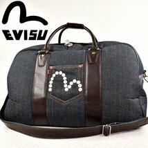 ビッグサイズ！ 美品 EVISU エヴィス かもめロゴ レザー ｘ デニム 2WAY ボストンバッグ インディゴ ｘ ブラウン 旅行 トラベル 大容量_画像1