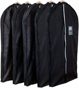 アストロ 洋服カバー マチ付 5枚 スーツサイズ 黒 不織布 ファスナー 透明窓 防虫剤ポケット付き 底までカバー 110-45
