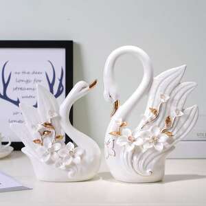 置物 白鳥のつがい ヨーロッパ風 立体的なフラワー 陶磁器製 2個セット (ホワイト)