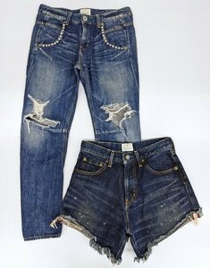 Ungrid アングリッド スキニーフィット ダメージデニム サイズ25 ／ ショートデニム サイズS 2点セット skinny damaged denim shorts jeans