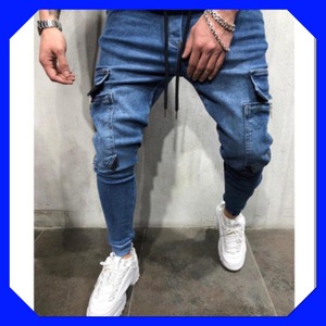 ジョガーパンツ ポケット付き デニム テーパードパンツ 青 ブルー XL