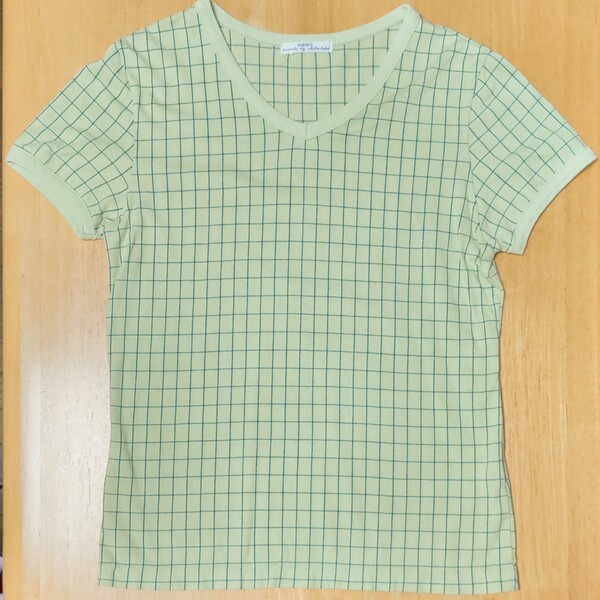 チェック Tシャツ Vネック ライムグリーン
