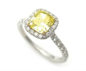 【緑屋質屋】ティファニー ダイヤ リング ソレスト クッションカット リング ダイヤ イエローダイヤ 1.08ct Pt950【中古】