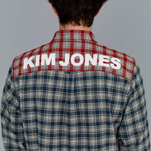 赤青M GU×KIM JONES MENフランネルチェックカラーブロックシャツ(長袖)(KJ)＋E レッド ブルー バックプリント ジーユー×キム・ジョーンズ