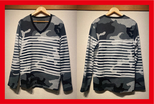 ♪送料無料★AKM★長袖ニット★blackCAMO knit V-neck★黒カモ★ボーダー★Vネック★2010AW★K033★定価50,000円程★日本製★ブラック★L♪