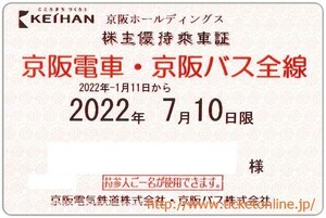 【京阪電鉄】株主優待乗車証「電車バス全線」法人　2022年7月10日　　定期券タイプ