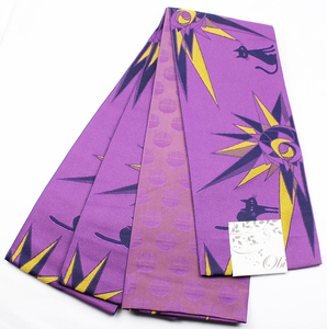 小袋帯 高級化繊 紫 猫 太陽 LY2745 新品 日本製 半幅帯 オールシーズン 送料無料