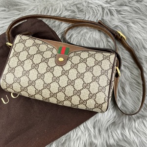 美品 グッチ GUCCI GGプラス シェリーライン ショルダーバッグ PVCレザー ブラウン C0641 Y0378