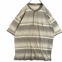 Aquascutum アクアスキュータム　半袖Tシャツ　ヘンリーネック　ボーダー　グレー系　メンズ　Lサイズ　【AY0414_画像2