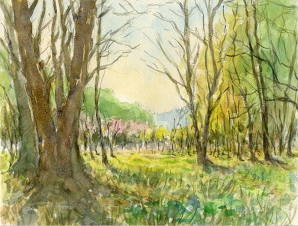 ★Watercolor painting★Original painting Azumino Spring - Iyasato Wetland ★, painting, watercolor, Nature, Landscape painting