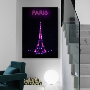 パリ エッフェル塔 PARIS ネオン 夜景 ポスター 70x50cm フランス 北欧 モダン レトロ シティー 写真 アート インテリア 絵 キャンバス