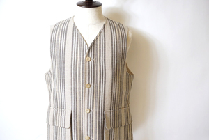 極美品イギリス製 S.E.H KELLY SEHケリー HOPSACK STRIPE BELLOWS VEST リネン ベスト XS ロングジレ エスイーエイチケリー