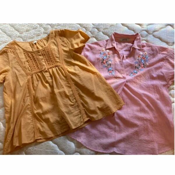 涼しげな夏用チュニック 2枚セット/ピンク・オレンジ/半袖ブラウス/シャツ