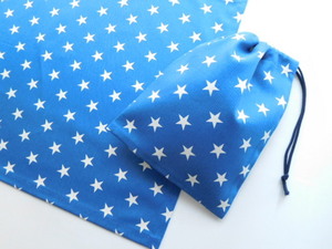 星柄　青　40×50　ランチョンマット 巾着袋 セット 給食袋 コップ入れ 　小学校　中学校　男の子　 女の子　ハンドメイド