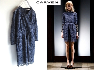 LOOK使用 CARVEN カルヴェン カットワーク フラワーレース バックジップ ワンピース ドレス 38 紺 ハンガリー製 定価13万円程 国内正規品