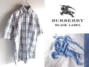 希少 BURBERRY BLACK LABEL バーバリーブラックレーベル ホースロゴ刺繍 白ノバチェック BDシャツ 2 ホワイト 黒 青 半袖 春夏 ネコポス可