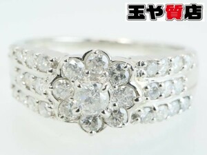 ダイヤ1.0ct フラワー デザイン リング 18.5号 pt900 三連風 新品同様