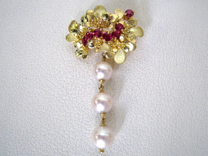 K18 18 gold ruby pearl brooch pendant top [ genuine article * as good as new ] 18 gold pearl . swing 