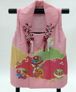【日本橋つつ井】=正絹　3～4才用　被布コート　正絹　ピンクに鞠の柄