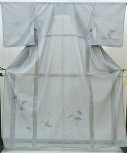【日本橋つつ井】=正絹　紗無双　訪問着　中古美品　薄いグレー　木の葉の紋様　裄長め　1尺7寸5分　単衣と袷の中間にお召いただけます　