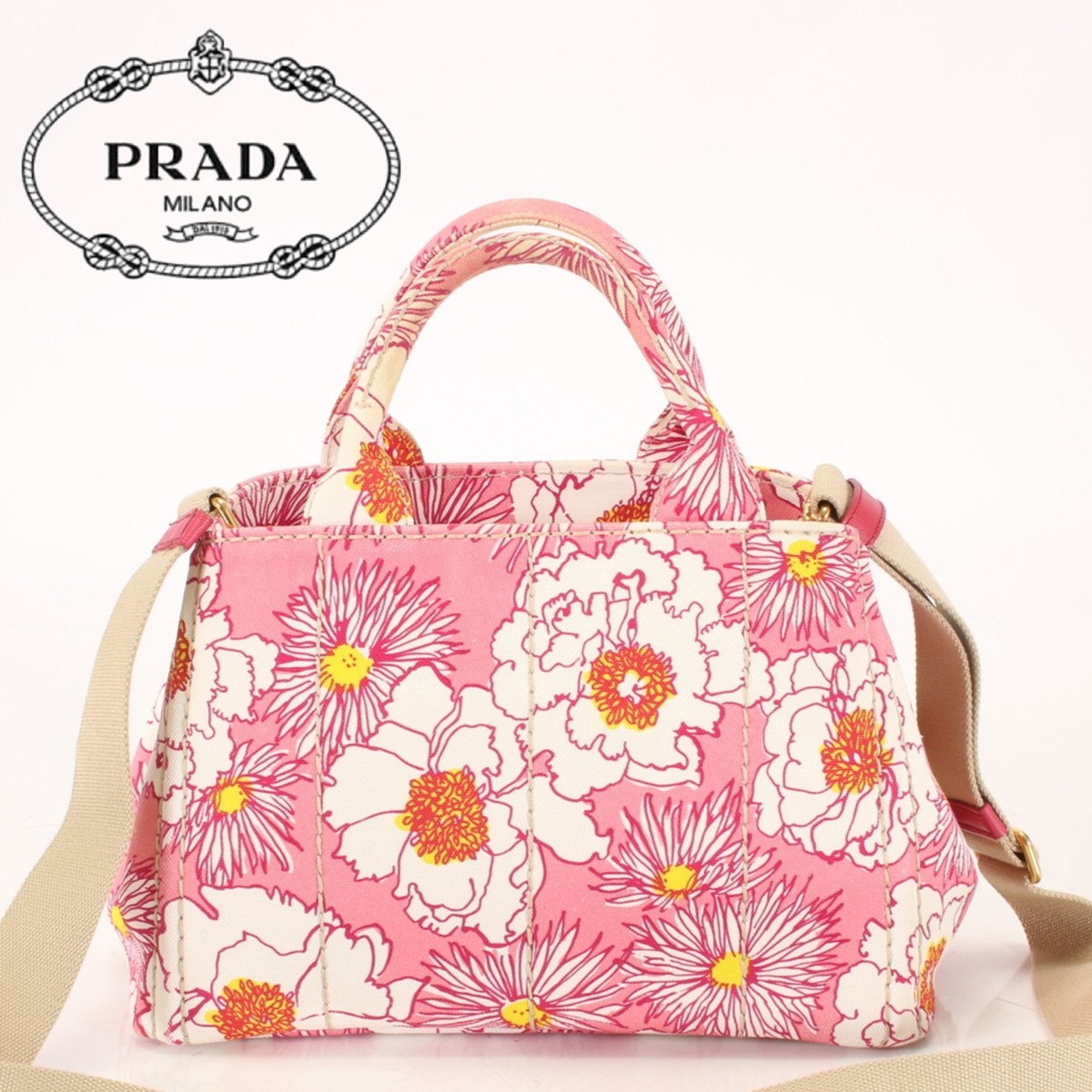 最先端 白タグ Mサイズ 2way 限定品 カナパ 美品PRADA 三角プレート ...