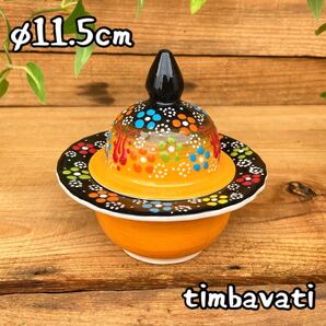 11.5cm☆新品☆トルコ陶器 シュガーポット 小物入れ*イエロー* ハンドメイド キュタフヤ陶器 055