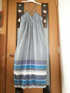 ◆送料無料◆Navy コットン100% サマードレス 肩ひも調節アジャスター付 裏地付 ロングワンピース ブルー系 Aライン インド製