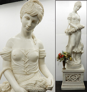 ◆◎【引取限定】 大型 総高さ約2m15cm 花籠を持つ女性 彫像 少女像 女性像 オブジェ ヨーロッパ調 一体型