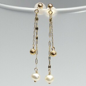 [ new goods ]10 gold /k10/ yellow gold / circle sphere / fresh water pearl / chain earrings 