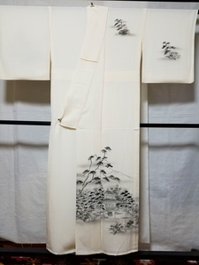 【桐輪】逸品物*単衣仕立*未使用品*美品｛正絹*墨絵描き*付下げ｝*作家物*身丈155-裄66*白地に手描き染の銀閣寺*一越地*№3279