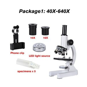 (注目) ズーム 640X 1280X 2000X hd生物顕微鏡単眼学生教育研究所ledライト電話ホルダー電子接眼レンズ Package1(40X-640X)