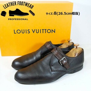 【美品 箱・袋付】 LOUIS VUITTON ルイヴィトン サイズ:8(26.5cm相当) シングルモンク LVロゴ ブラウン 茶 ビジネス シューズ 革靴