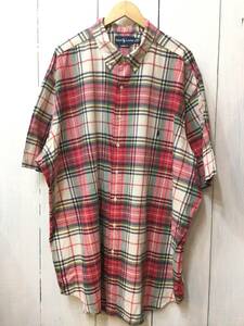 Ralph Lauren ラルフローレン ビッグサイズ コットン半袖シャツ チェックシャツ 胸ロゴ メンズ3XL 大きめ 良品小傷
