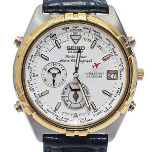 【栄】【1円】【訳アリ】SEIKO セイコー ワールドタイム クロノ アラーム 6M15-0020 クォーツ ホワイト SS レザー メンズ 腕時計 男