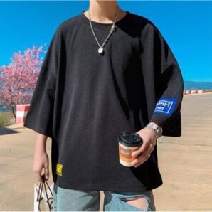 メンズ オーバーサイズ Tシャツ タグデザイン ビックシルエット 黒