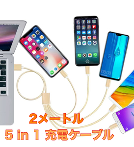 2M】5 in 1 充電ケーブル 3A急速充電タイプC/二重iPhone/マイクロポートナイロン織りAndroid/Type-C/Micro USB 同時給電可能多機種対応
